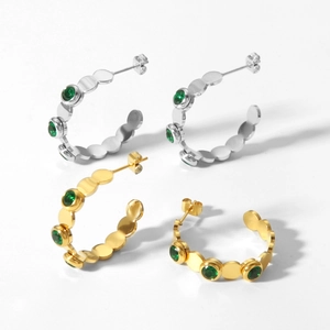 18K gold plated stainless steel wave earrings with green crystals in gold and silver