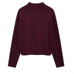 Women's wine red high-neck knit sweater featuring long drop sleeves and soft texture