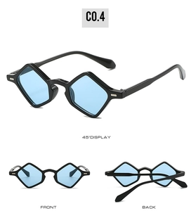 Three views showing geometric triangle sunglasses with black frame and light blue lenses