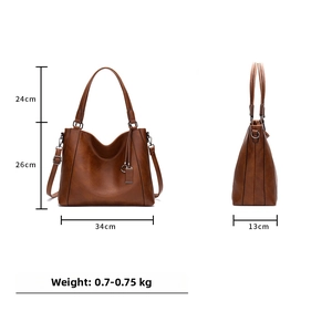 Brown vintage faux leather tote bag showing front and side views with detailed dimensions