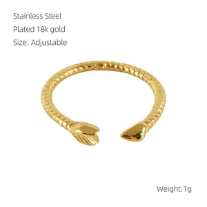Detail of 18k gold plated stainless steel snake ring with adjustable band and size info