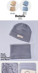 Detail of fleece lining and woven Sport label on children's winter hat and neck warmer