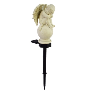 Solar outdoor garden light with white resin sleeping angel statue and black ground stake