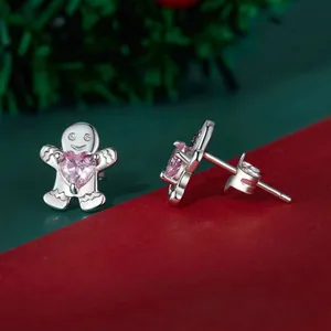 Cute S925 sterling silver gingerbread man stud earrings with pink heart cubic zirconia