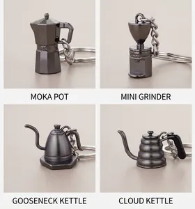 Detailed dimensions and weight of mini gunmetal coffee tool keychain set on wood