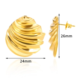 Golden seashell stud earrings with pearls measuring 24mm by 26mm on white background