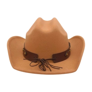 Close-up of brown western cowboy hat featuring leather band with metal rivets