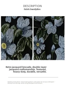 Detailed macro view of vintage blue floral jacquard fabric with premium texture on handbag
