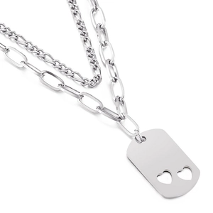Double-layer stainless steel necklace featuring rectangular tag with hollow hearts