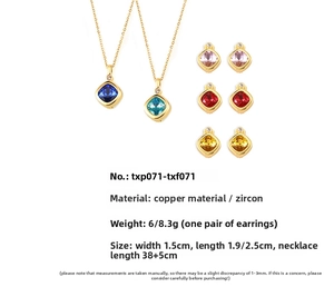 Detail of copper jewelry set with interchangeable colorful cubic zirconia necklace and earrings