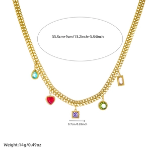 Gold stainless steel necklace with colorful geometric glass pendants and size details