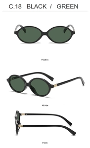 Three angles of oval black sunglasses with green lenses and decorative metal temple rivets