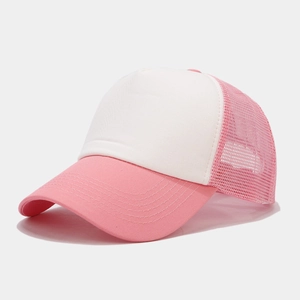 Close-up of pink and white mesh trucker hat with detailed stitching and breathable texture