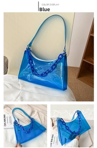 Blue transparent PVC shoulder bag featuring a stylish plastic chain and zipper detail