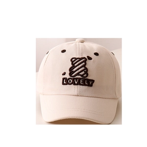 Detailed view of kids baseball cap featuring brown bear and Lovely embroidery detail