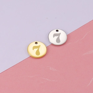 Polished 18K gold and silver stainless steel round pendants with number 7 engraving