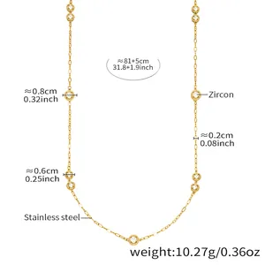 Detail view of double-layer stainless steel long necklace with 5A zircon pendants