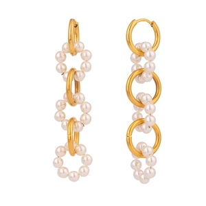 18k gold plated stainless steel triple pearl interlocking drop earrings on white background