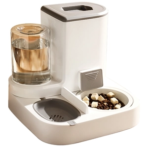 Minimalist gravity cat water and food dispenser combo with clear water tank and dry food bowl