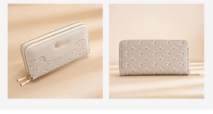 Detail of beige quilted long wallet with floral patterns and gold double zipper