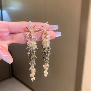 Orecchini A Fiore Con Strass Brillanti Lunghe Nappe Di Cristallo Gioielli Con Perno In Argento Per Donna