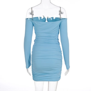 Detail view of the light blue off-shoulder ruched bodycon mini dress with long sleeves