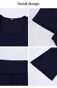 Detail design of navy blue Y2K crop top showing square neck and soft knit fabric texture
