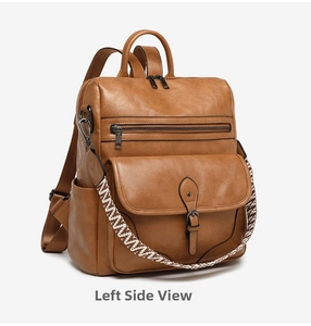 Detail view of brown faux leather backpack with side pockets and decorative woven strap