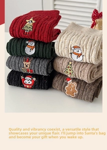 Close-up of knit Christmas socks with snowman and reindeer embroidery in festive colors