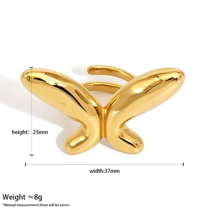 Detailed size map of golden butterfly open ring with 23mm height and 37mm width