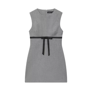 Sleeveless Mini Dress With Black Satin Bow Belt Grey Elegant V Neck Slim Fit Party Casual Fashion Women
