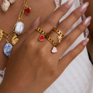 Anello a catena regolabile in acciaio inossidabile placcato oro 18K con palma e cuore