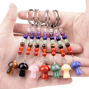 Colorful natural crystal chakra stone mushroom pendants on metal keychain rings