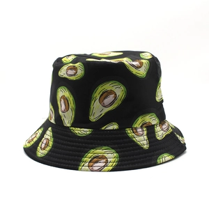 Unisex black bucket hat with avocado print for outdoor sun protection and casual summer wear