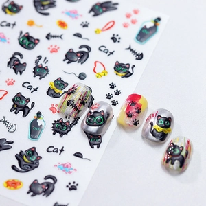 Autocollants À Ongles En Relief 3D Motif Chat Noir Dessin Animé Auto-Adhésifs Décoration Pour Femmes Filles DIY