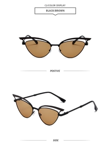 Detail der Cateye-Sonnenbrille mit schwarzem Metallrahmen und braunen Gläsern aus zwei Winkeln