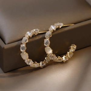 Vintage C-Shaped Alloy Rhinestone Hoop Earrings With 925 Sterling Silver Earring Post For Women Geometric Cat Eye Jewelry