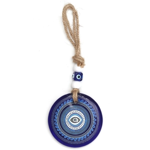 Close-up of blue glass evil eye charm with natural jute rope and beaded decorative detail