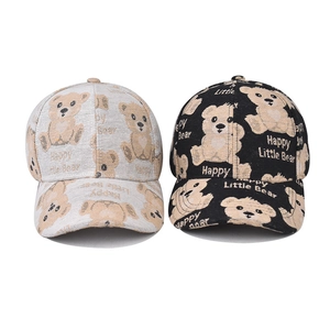 Black and grey baseball caps with cartoon bear prints and Happy Little Bear text