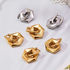 Minimalist hexagonal hollow hoop earrings in polished gold and silver stainless steel