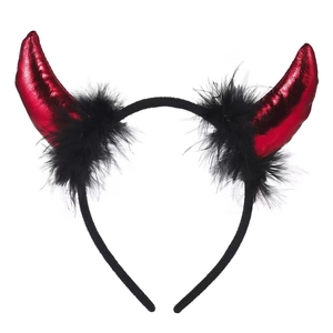 Cerchietto corna da diavolo per Halloween con corna rosse lucide e piume nere su fondo bianco