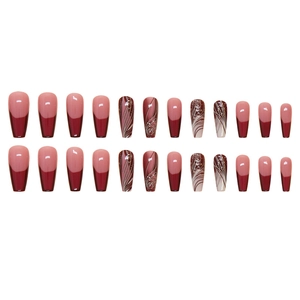 French tip coffin fake nails in burgundy and nude with white gold wavy line patterns