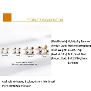 Polished stainless steel ball stud earrings in multiple sizes from 2.5mm to 5mm