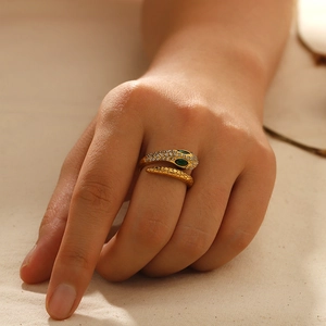 Snake Ring 18K Gold Plated Zircon Green Stone Eyes Adjustable Open Band Vintage Luxury Jewelry For Women