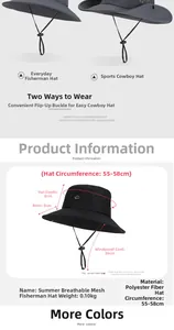 Detailed size chart for breathable outdoor sun hat with crown depth and brim measurements