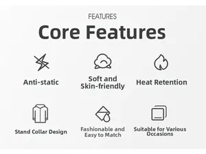 Detailed features of fleece jacket showing anti-static, soft fabric, and heat retention