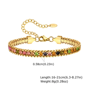 Detailed view of gold chain bracelet with multicolor crystals and K18 hallmark tag