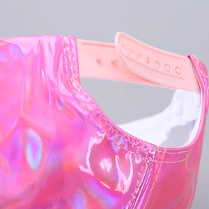 Detail of pink holographic baseball cap with adjustable plastic snapback closure