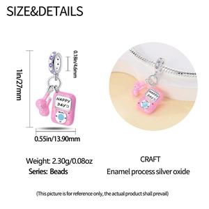 Pink enamel MP3 player charm detail with dimensions and polished silver finish