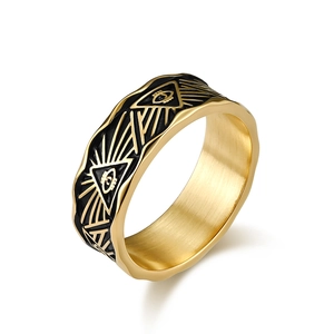 Golden stainless steel Eye of Horus ring with black enamel details and radial lines